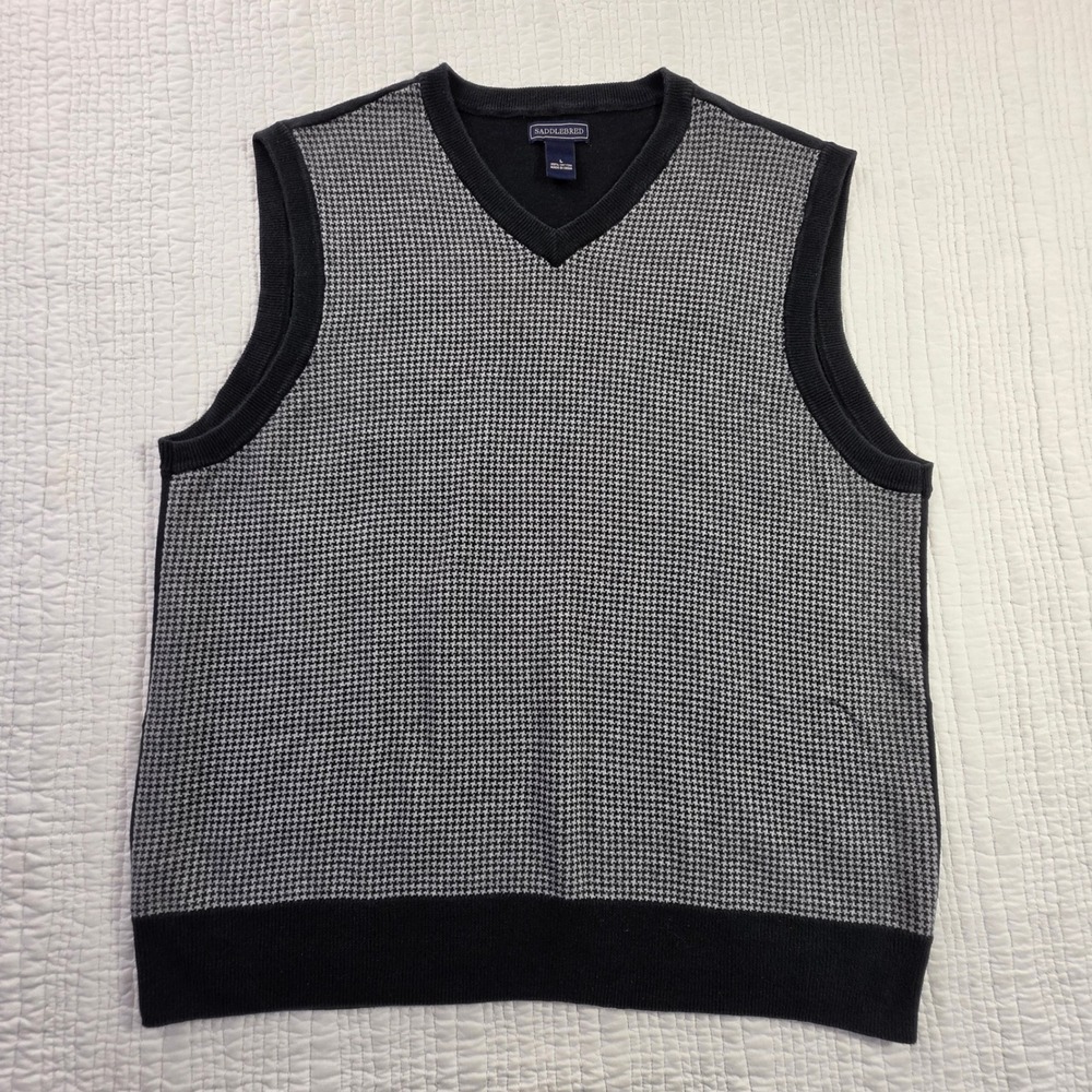 Saddlebred Mens V-Neck Sweater Vest Black Gray Houndstooth Knit Cotton EUC Large